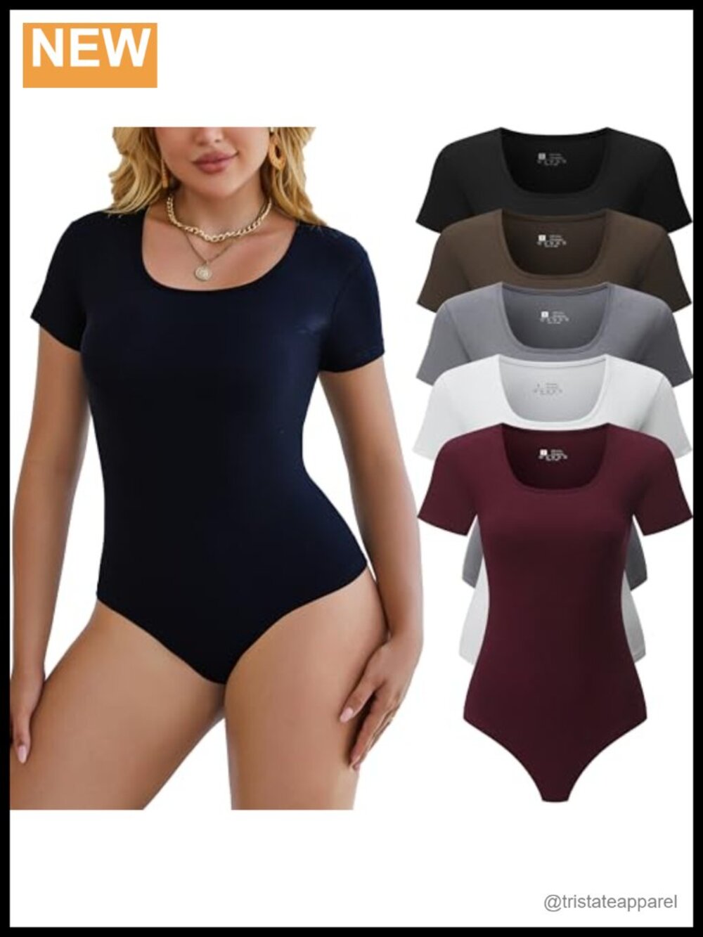 5 Pack Bodysuits Short Sleeve Square Neck Basic Tops Stretchy Cotton Blend